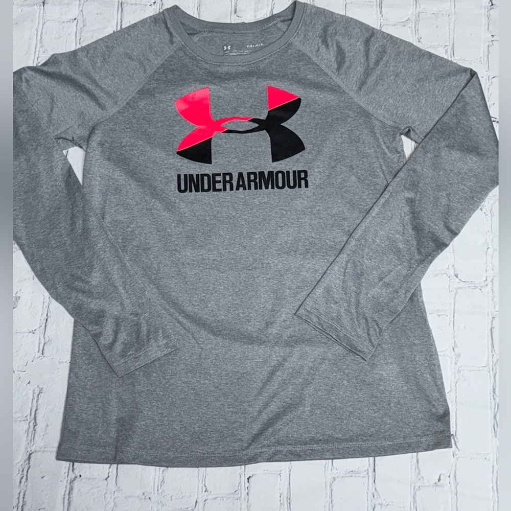 Under Armour Gray Long Sleeve with Coral and Black Logo - Picture 1 of 4